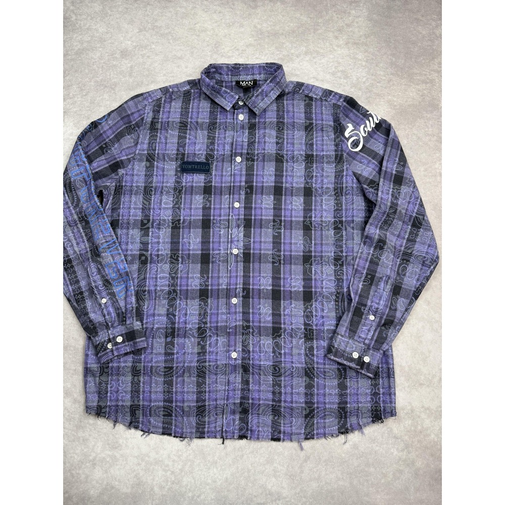 BoohooMAN Vomtrello Shirt Mens Large Purple Plaid Southside Kanye Graphic Grunge